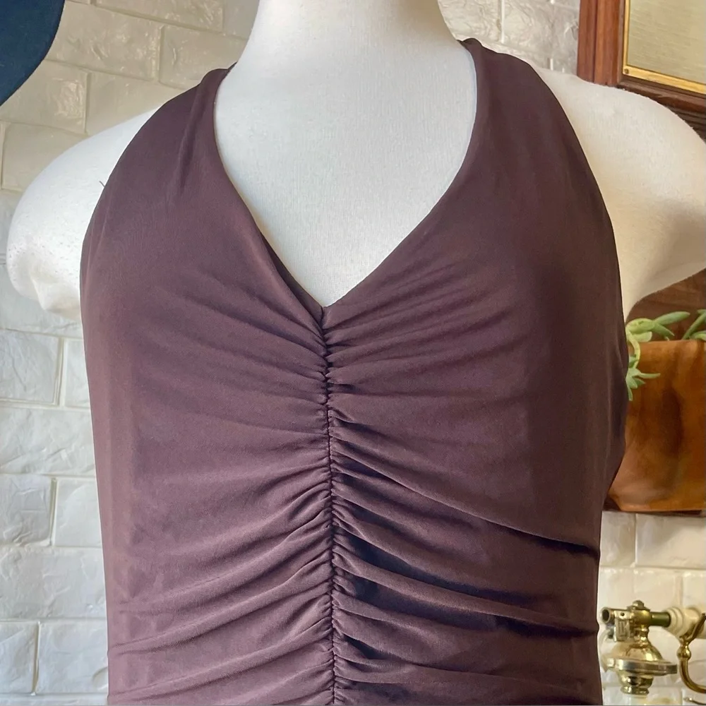 VTG Y2K BCBG MAXAZRIA Brown Ruched Halter Chiffon Ribbon Asymmetrical Dress - Picture 5 of 16